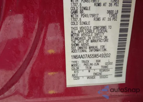 2005 Nissan Titan Xe from USA, damaged, VIN 1N6AA07A55N549202